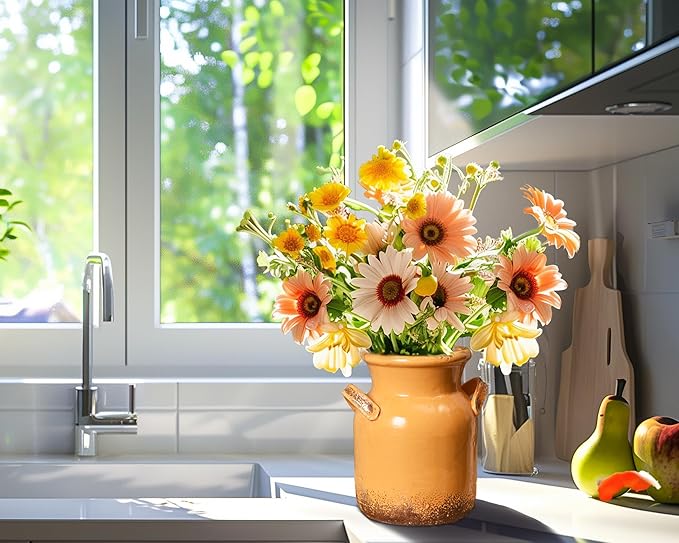 Quoowiit Ceramic Rustic Farmhouse Vase, Distressed Decorative Flower Vases - Image 6