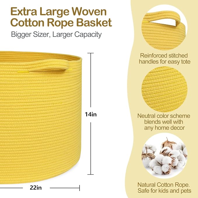 Extra Large Yellow Basket, 22” X 22” X 14” Cotton Rope Yellow Decor - Image 2