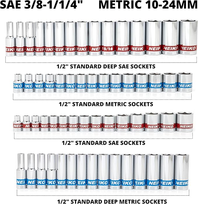 Neiko 02479A 1/2 Inch-Drive Colored Mechanics Tool Ratchet, Socket Set - Image 2