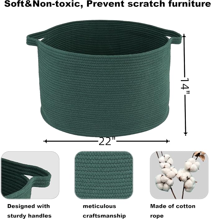 XUANGUO Extra Large Cotton Rope Round Storage Basket 22" x 14" Dark Green | - Image 2
