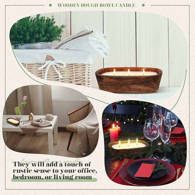 Threlaco 1 Pack 10 Inch Wood Dough Bowl Candles Home Rustic Dough Bowl Soy - Image 6