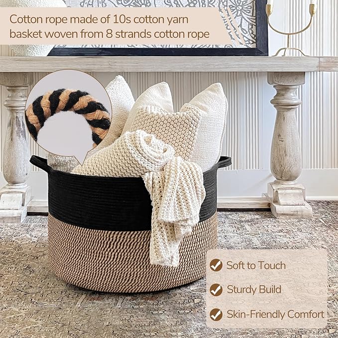 INDRESSME XXXLarge Woven Rope Blanket Basket Living Room Mix Black, 90L | 21.7" - Image 2