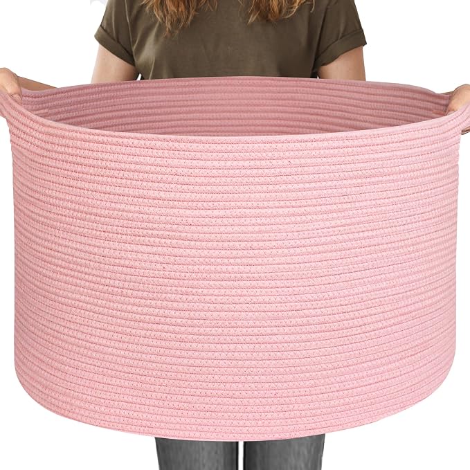 115L Oversized Pink Basket, 23.6"x15.7" Woven Cotton Rope Bin by MEGASKET