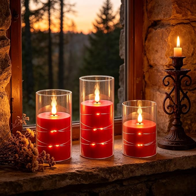 Da by 3 Pack Red Transparent Acrylic Flameless Taper Candles, Flickering Black - Image 4