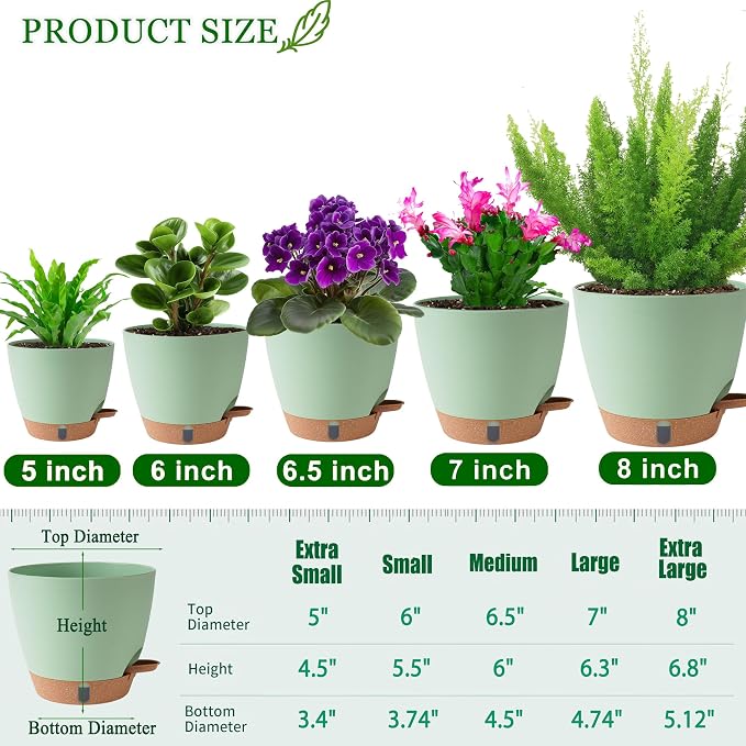 Self Watering Pots for Inoor Ourdoor Plants 8/7/6.5/6/5" Plastic Planters | - Image 6