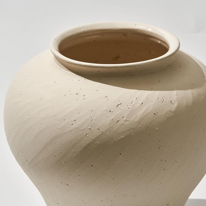 LB2 White Ceramic Rustic Vase, 9.7" Tall Zen Style Terra Cotta Pitcher - Image 7