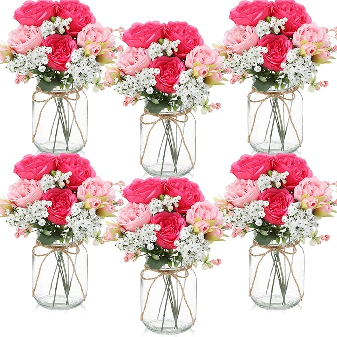 6 Sets Mason Jar Flowers Centerpiece Table Decorations, Artificial Peony Baby's by Zeyune