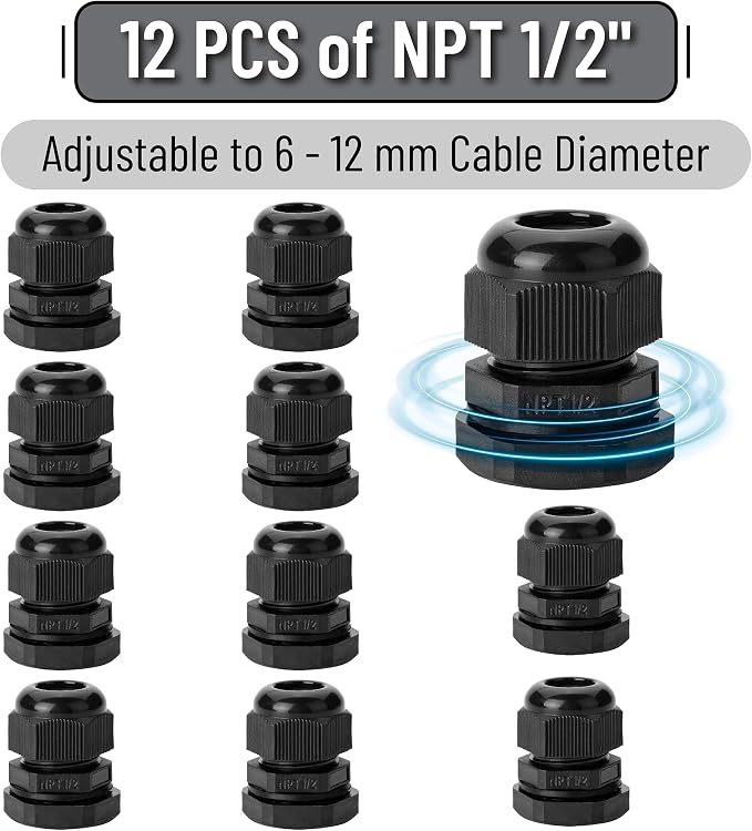 Bates- Cable Gland, 12 Pack, 1/2 NPT, Nylon Strain Relief Cord Connector - Image 2