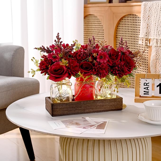 BLEUM CADE 3Pcs Mason Jar with Artificial Dahlia Flowers Wood Tray Lights | - Image 7