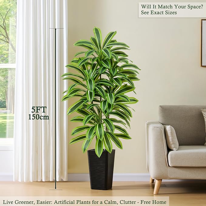 Artificial Dracaena Tree: 5FT Fake Plants Silk Faux Trees（Black Pot） | - Image 2