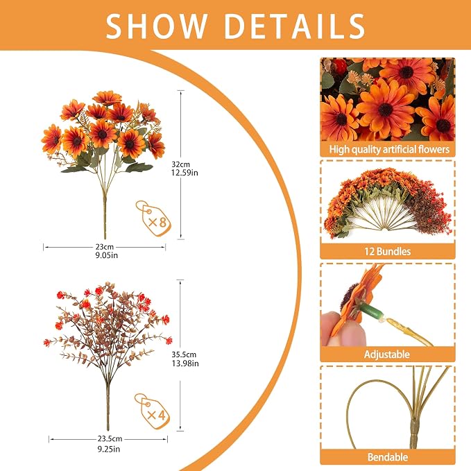 INQCMY Artificial Fall Flowers for Outdoor Porch Decoration - Image 2