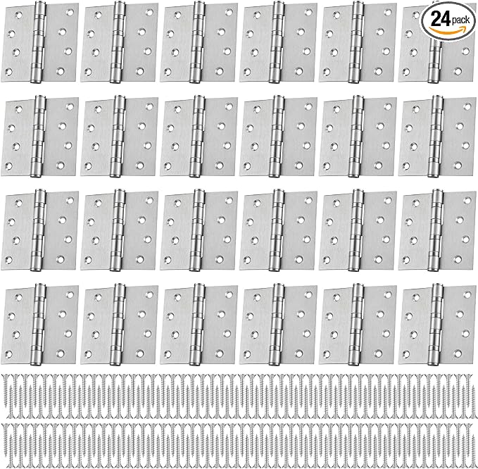 24 Pcs Silver 4'' Ball Bearing Door Hinges, Square Corner | Stainless Steel by Yaocom