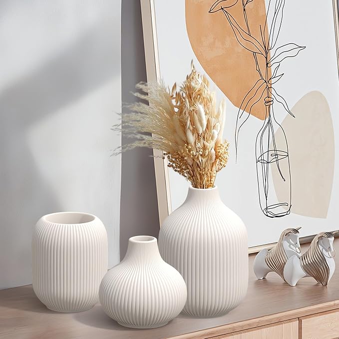 White Small Ceramic Vases Set of 3, Matte Vertical Ribbed, Minimalist - Image 7