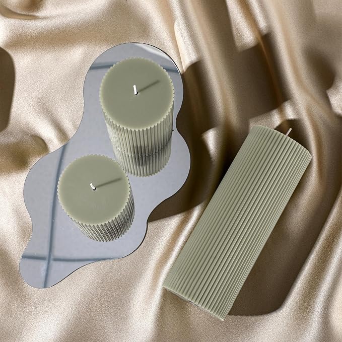 Conelist Ribbed Pillar Candles Set of 3, Width 3" High 4" 6" 8", Bean Green - Image 6