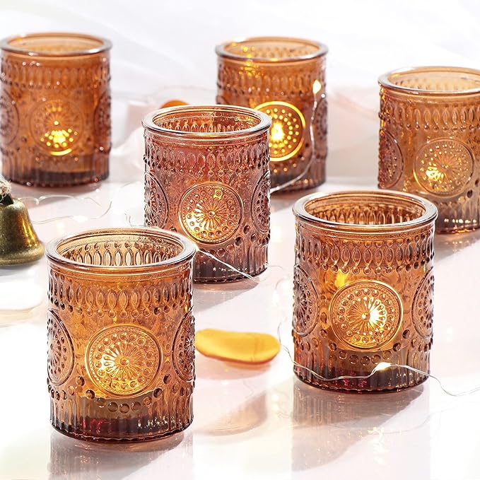 DEVI 24pcs Vintage Amber Votive Candle Holders, Amber Glass Tea Lights Candle by DEVI
