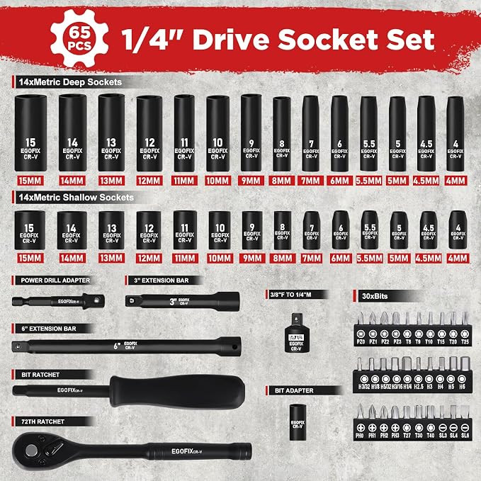 1/4" Ratchet Wrench Socket Set 65 Piece, Metric Shallow Socket and Deep - Image 2