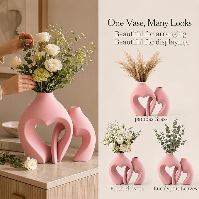 Ceramic Flower Vases Table Decor Heart Shaped Vase Set of 2 Pink | Nordic Heart - Image 8