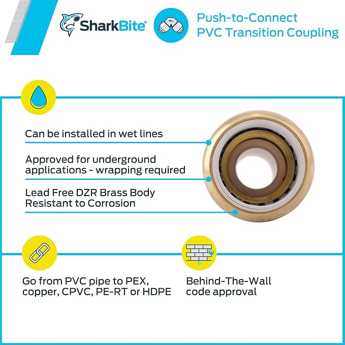 SharkBite 3/4 Inch CTS x 3/4 Inch PVC Transition Coupling, Push to Connect - Image 6