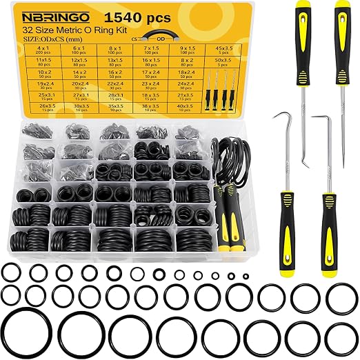 1540 Pcs Metric O Ring Assortment Kit 32 Sizes 4 Pick & Hook Tools | Nitrile by NBRINGO