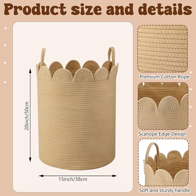 LemonRoad Round Woven Basket Brown, Cotton Rope Scalloped Edge Tassels - Image 2