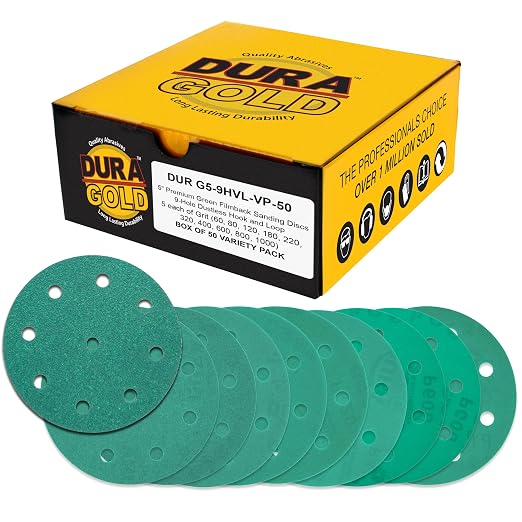 Dura-Gold Premium 5" Green Film Sanding Discs, 9-Hole Pattern, 50 Disc Variety by Dura-Gold