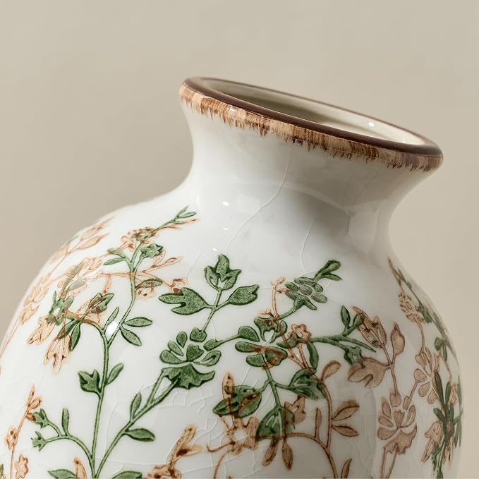 Green and Beige Antique Vase, 7.95" Vintage Chinoiserie Floral Vase, Modern - Image 4