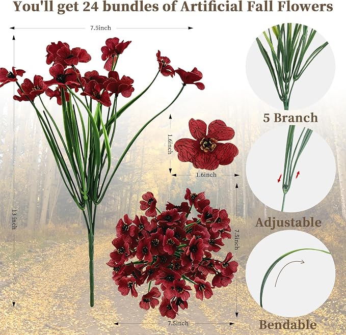 ColoPlay 24 Bundles Burgundy Artificial Flowers - Image 2
