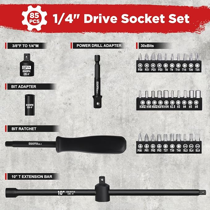 1/4" Socket Set 85 Piece, Metric Shallow/Deep Sockets and SAE Shallow/Deep - Image 3