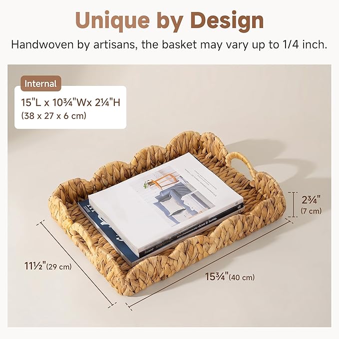 StorageWorks Scalloped Basket Tray, Rectangular Wicker Scalloped Tray | Shallow - Image 4