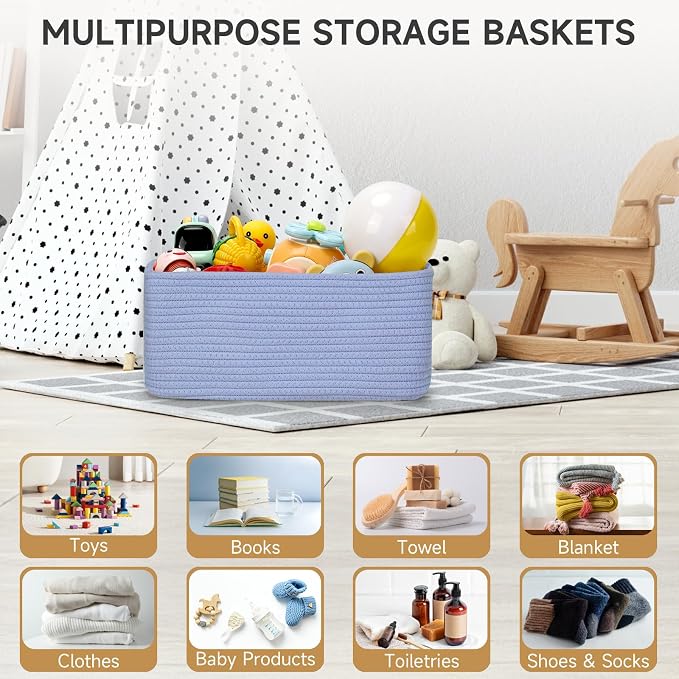 3 Pack Storage Baskets for Organizing, 13.7×9.5×6.3", Sky Blue | Woven Baskets - Image 6