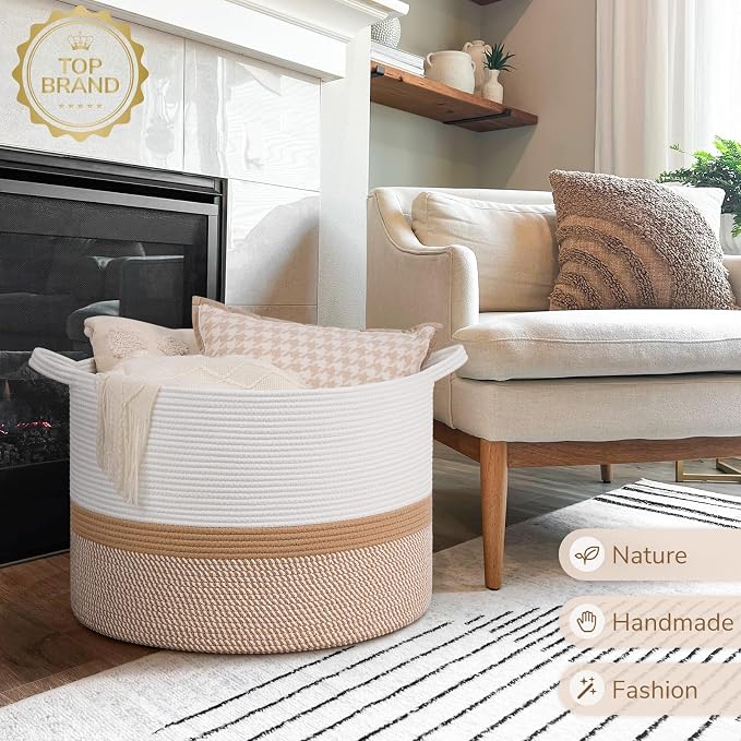 INDRESSME 115L Extra Large Woven Rope Blanket Basket Living Room WhiteCamel | - Image 7