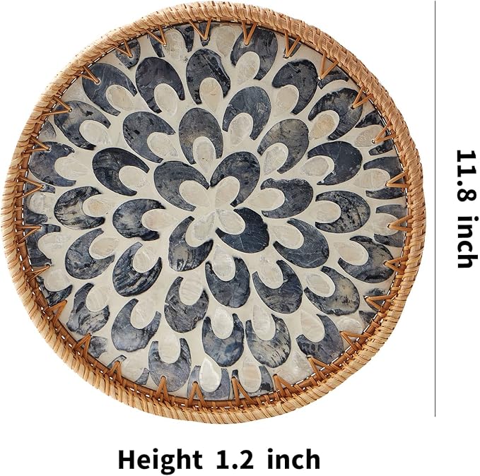 Round Rattan Tray with Mother of Pearl Inlay, Rattan Serving Tray with Wooden - Image 6