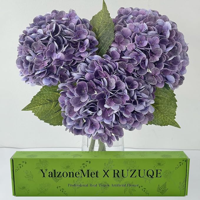 YalzoneMet 3 PCS Dark/Black Purple Hydrangea Artificial Flowers 21'' Real Touch by YalzoneMet