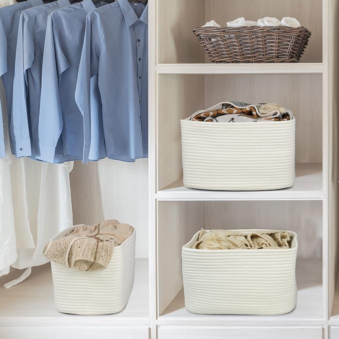 XUANGUO Woven Cotton Rope Storage Baskets 15x10x9.3" 3 Pack White | Decorative - Image 6