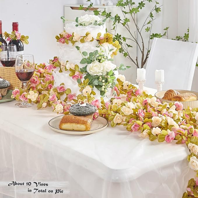 6Pcs x 8.2FT Artificial Flower Garland Rose Vine, Champagne Pink Flower | - Image 9