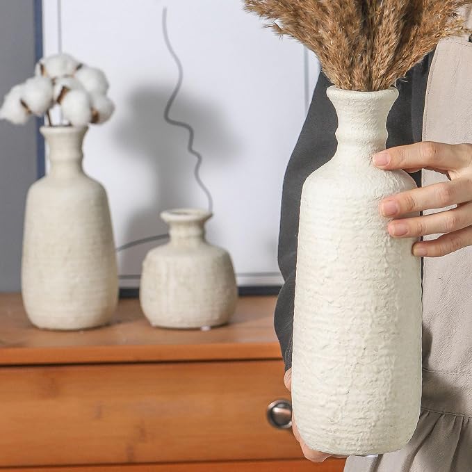 Ceramic Vase Set of 3, Neutral Rustic Vases Home Decor Farmhouse Decorative - Image 3