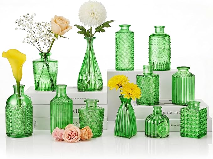 12 Pcs Green Bud Vases Set, Armber Small Vintage Glass Clear Bud Flower Vases by Unknown