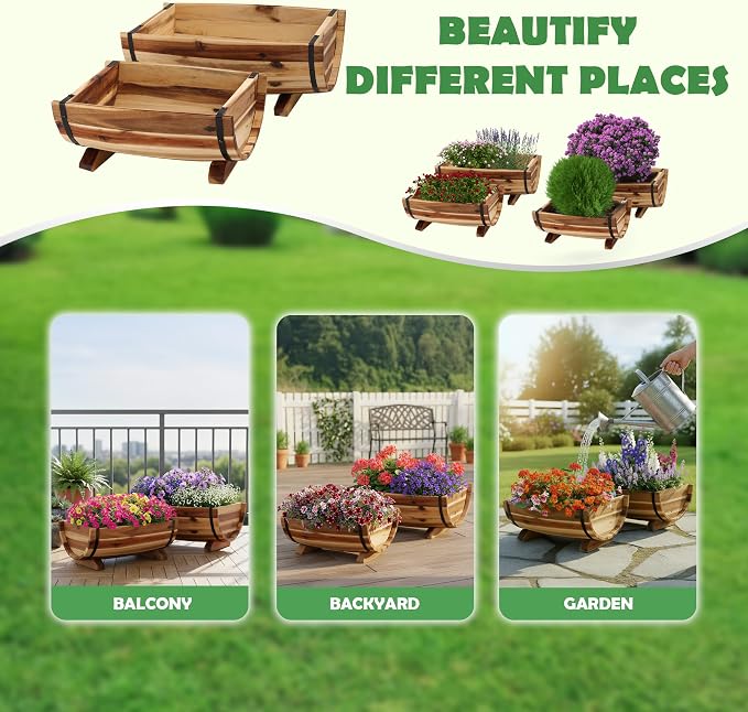Solid Acacia Wood Half Barrel Planters Outdoor Set of 2 Different Sizes - Image 6