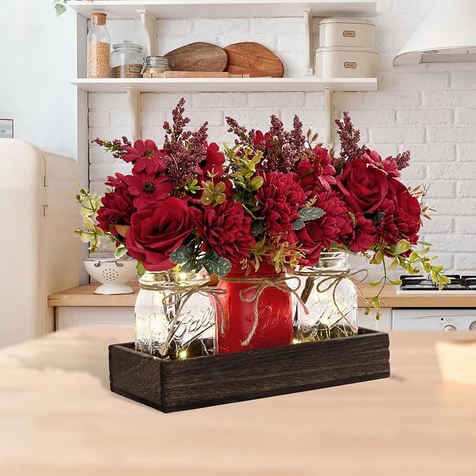 BLEUM CADE 3Pcs Mason Jar with Artificial Dahlia Flowers Wood Tray Lights | - Image 6