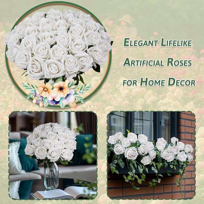 100 PCS Fake White Roses, Artificial Flowers Bulk, Silk Faux Ivory Roses | - Image 4