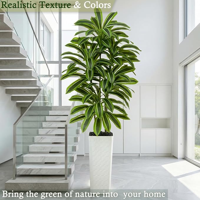 Artificial Dracaena Tree: 7FT Fake Plants Silk Faux Trees（White Pot） | - Image 5