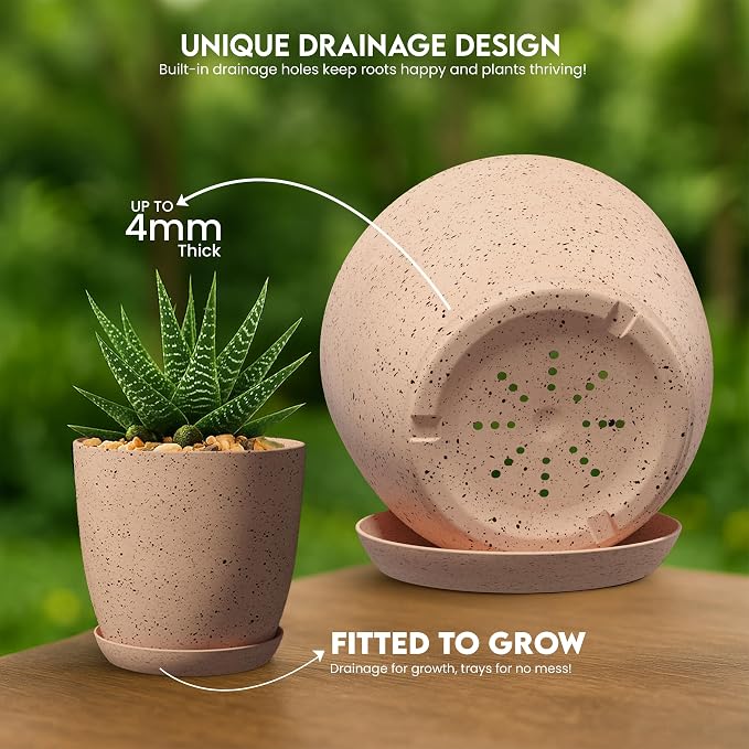 Plant Pots Indoor with Drainage 5 Pack Multisize Planters Spotty Peach Pink | - Image 4