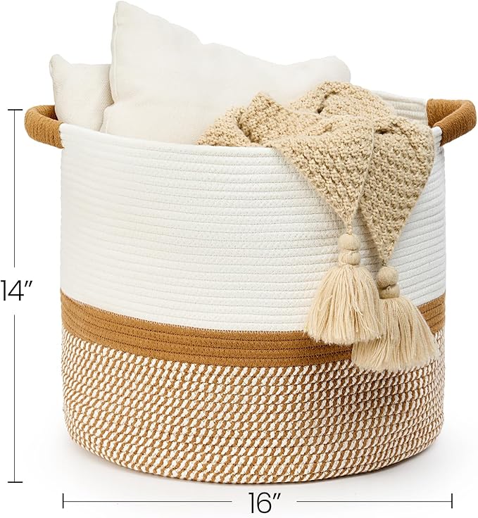 Blanket Basket for Living Room, Woven Rope Storage Basket | 16"D x 14"H | White - Image 2