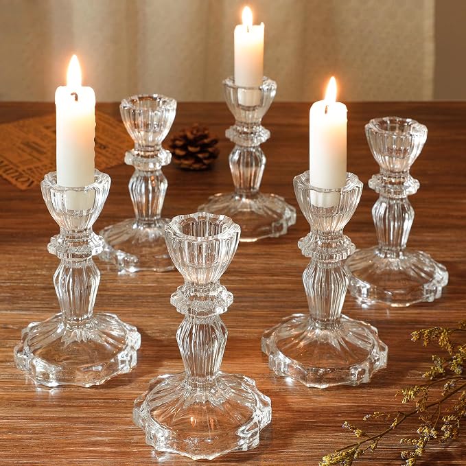 4.33" Tall Glass Candlestick Set of 6 Clear Crystal Candle Holders | - Image 2