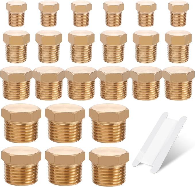 24PCS Brass Pipe Fittings Hex Head Plugs, 1/8" 1/4" 3/8" 1/2" NPT | Outer Hex by Ailbiuko