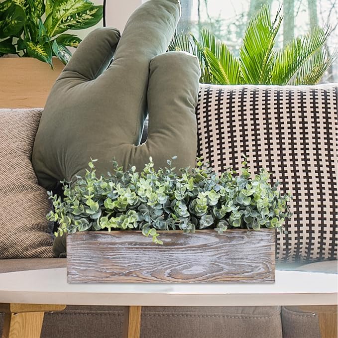 Winlyn 14" Artificial Eucalyptus in Rustic Rectangular Wooden Planter Box Faux - Image 3