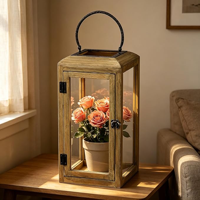 16" High Wooden Lantern Made of Solid Firwood in Distressed Natural - Image 5