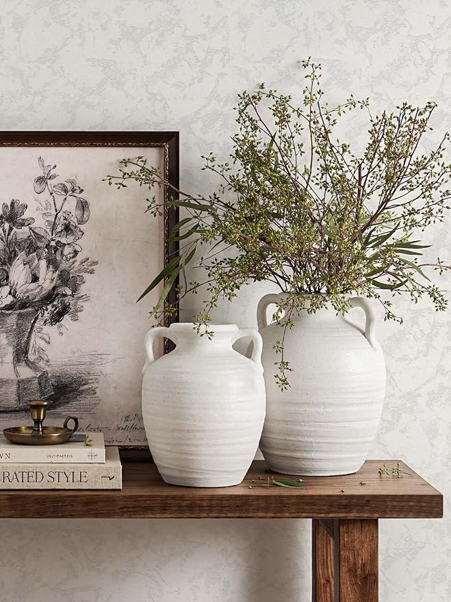 White Ceramic Vase with Handles, Farmhouse Rustic, Sandstone White | Decorative - Image 5