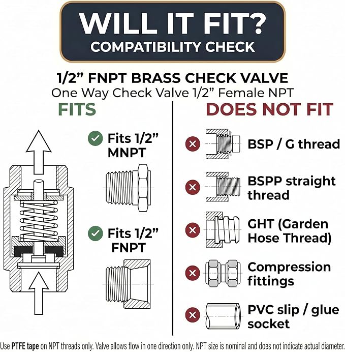 One Way Check Valve 1/2" Female Backflow Preventer, Check Valve - Image 7