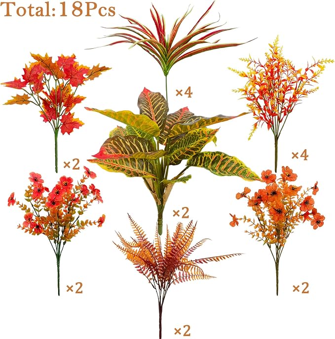 18 Pcs Artificial Fall Flowers for Outdoors Fake Plants Fall Decor, Faux Plants - Image 3